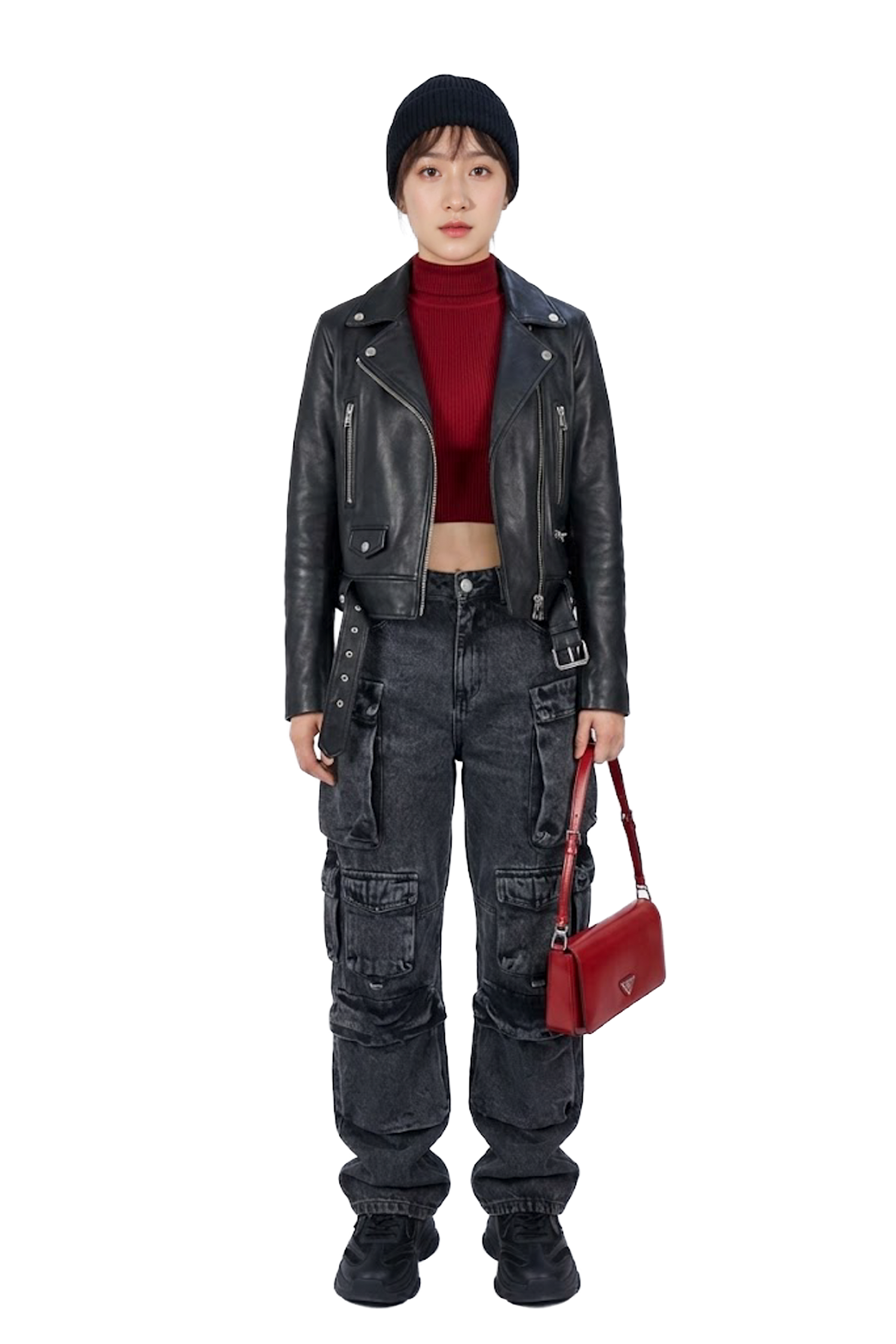 金屬飾件真皮短版皮衣