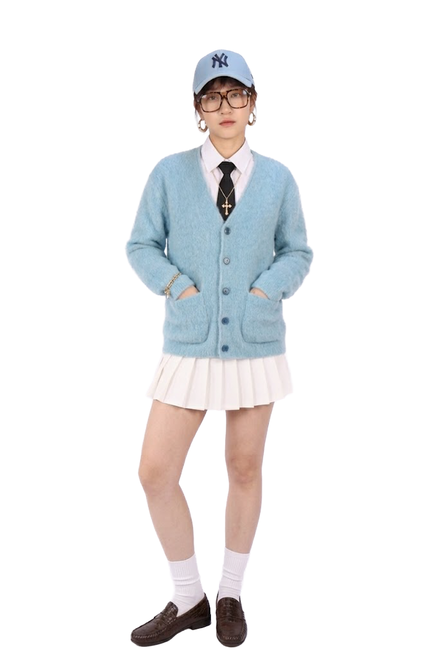 水藍毛絨開襟排釦外套