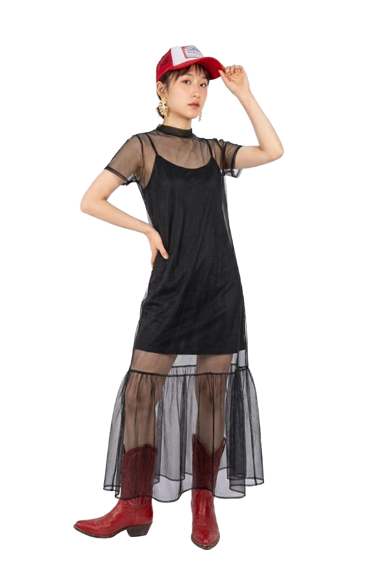 透視雪紡短袖連身洋裝