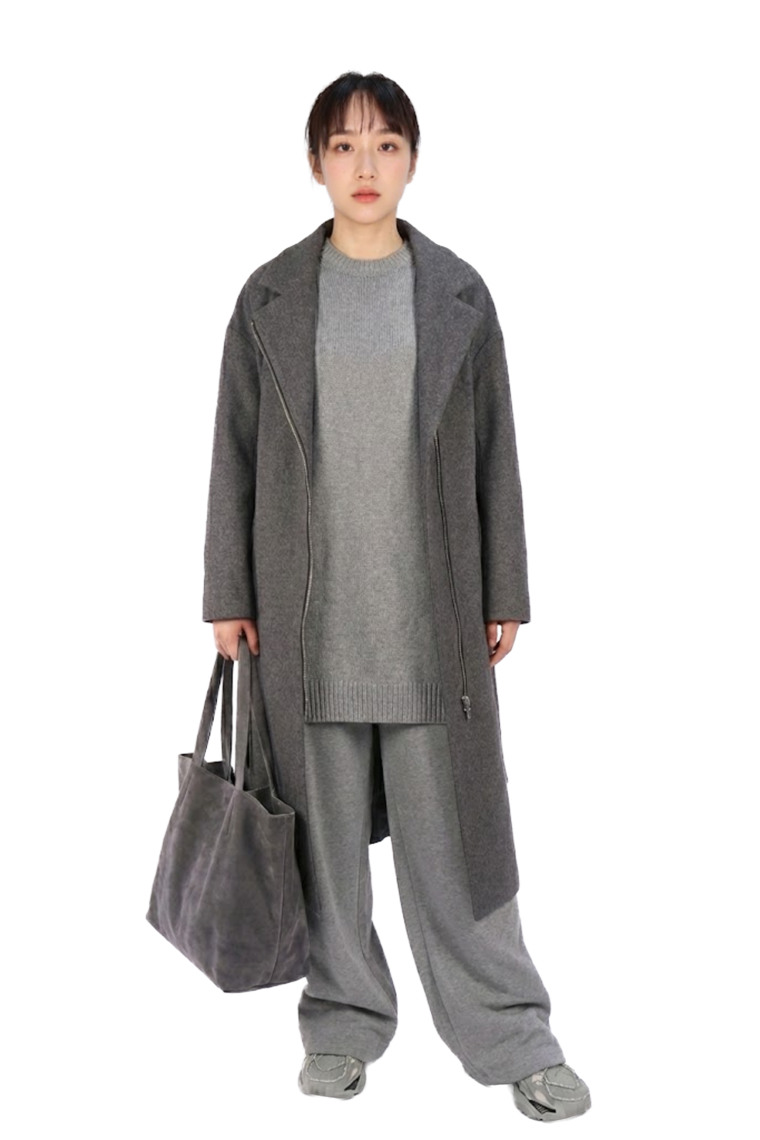 灰毛呢拉鍊長大衣