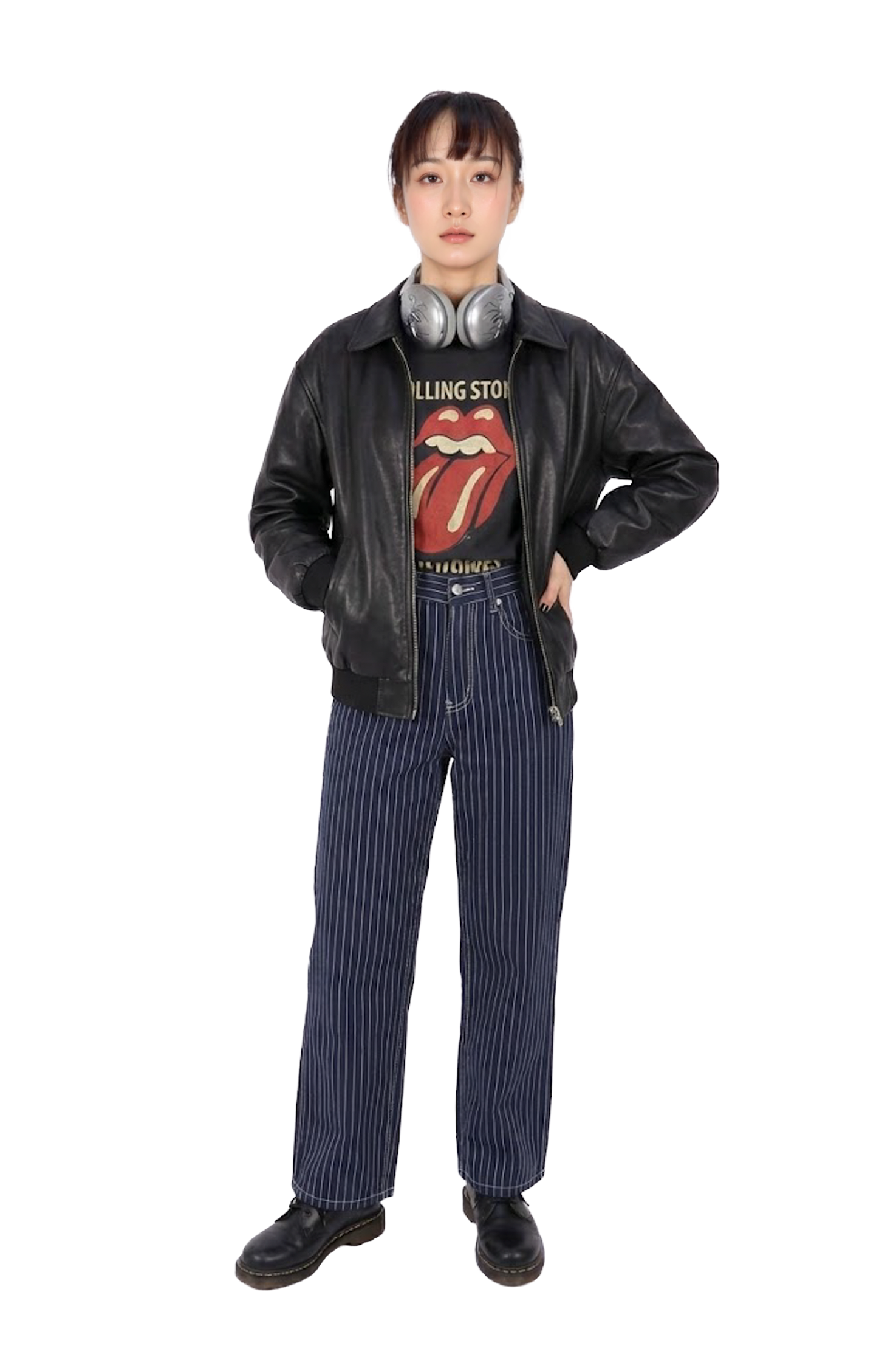 深藍直條紋牛仔直筒褲