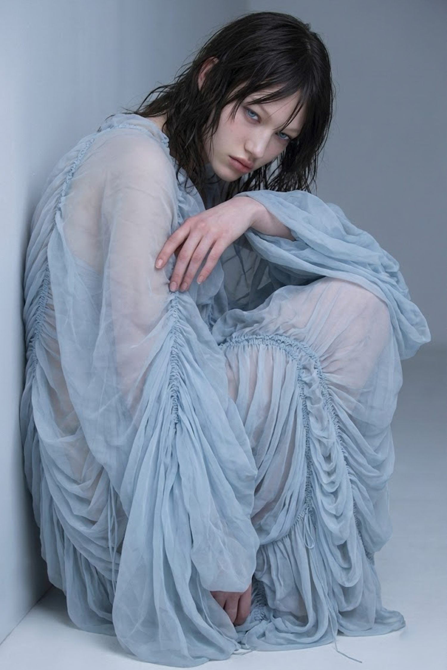 冰融雪紡抽皺水袖洋裝