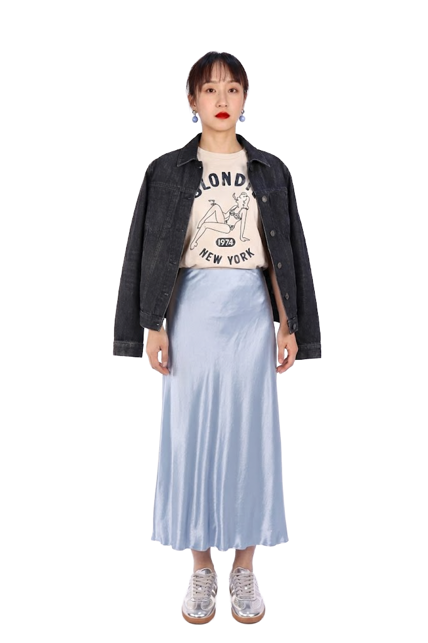 天藍緞面絲質A字長裙