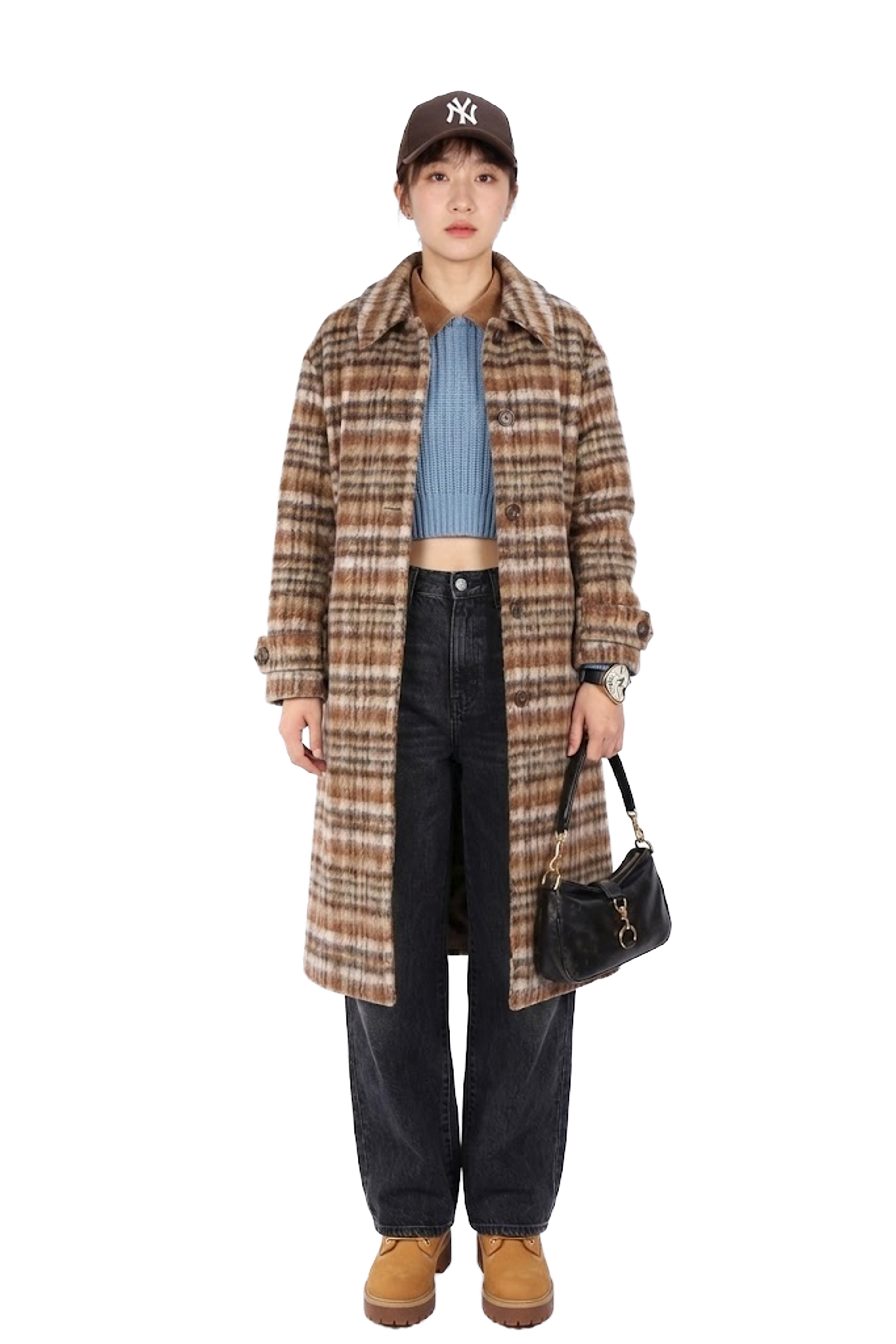 羊毛格紋排釦長外套