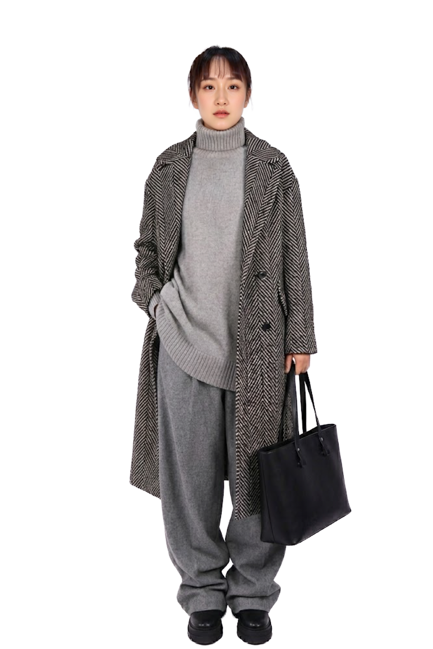 人字紋毛呢西裝長大衣
