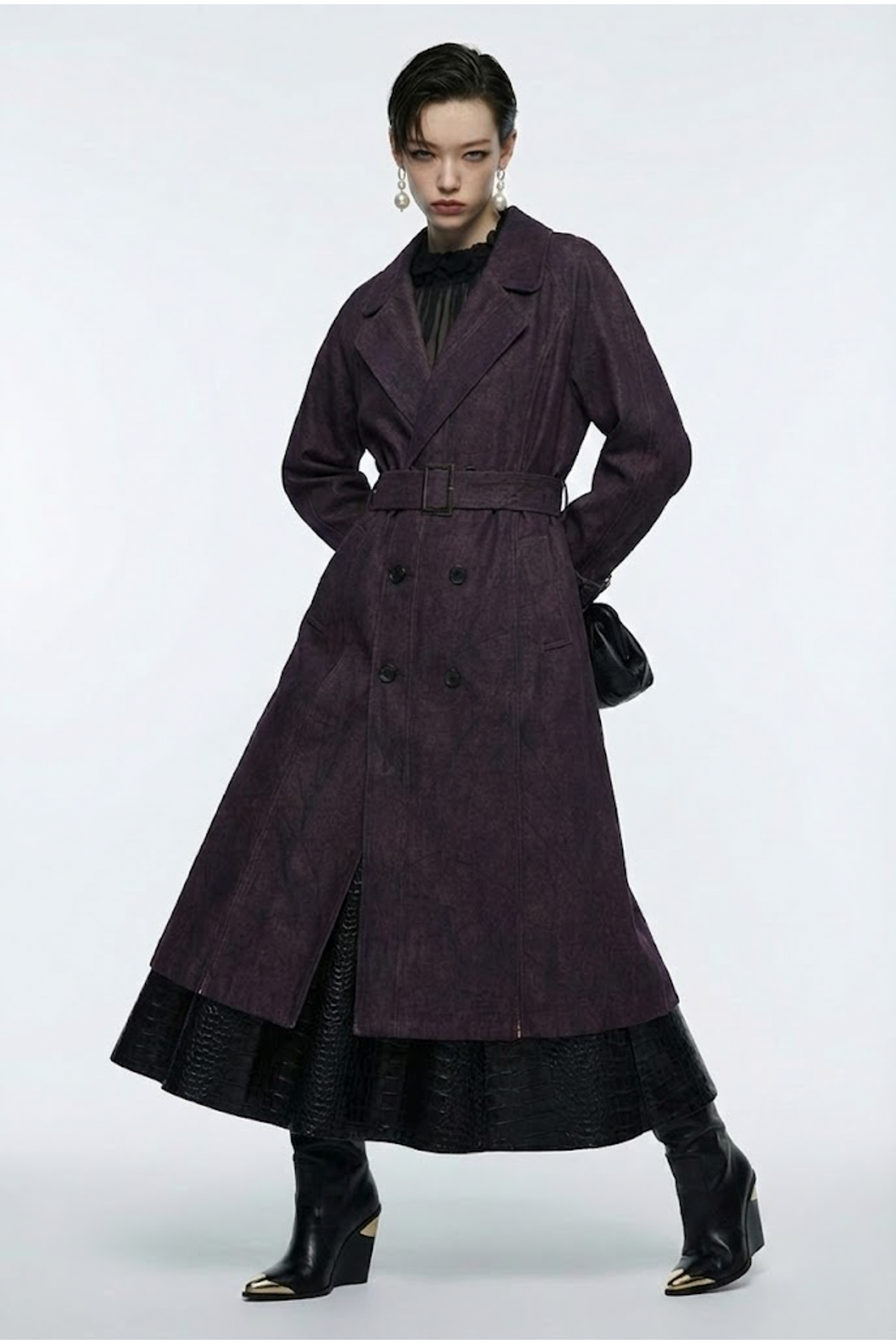 金屬側拉鍊深酒紅色牛仔長風衣