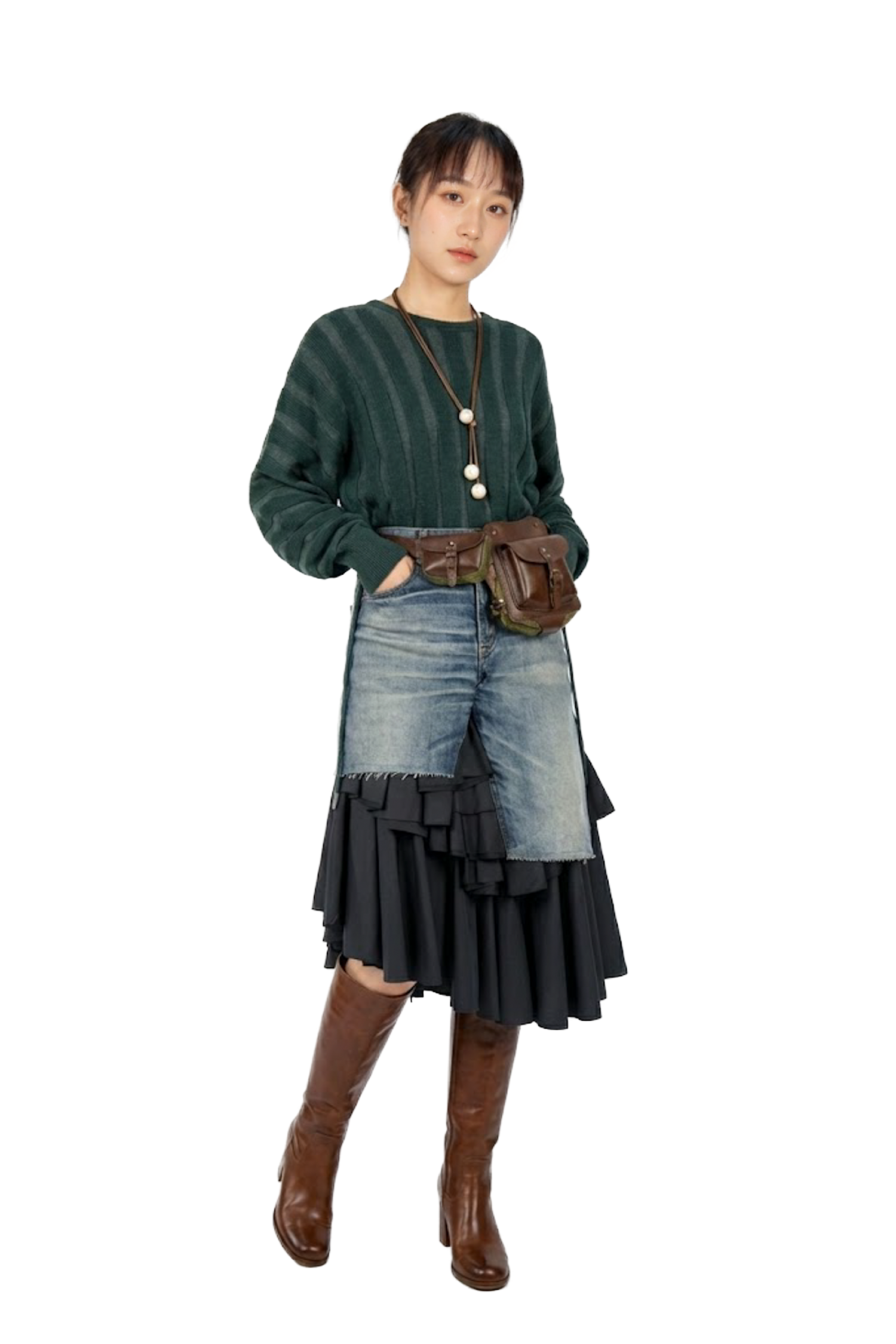 牛仔拼接荷葉下擺裙