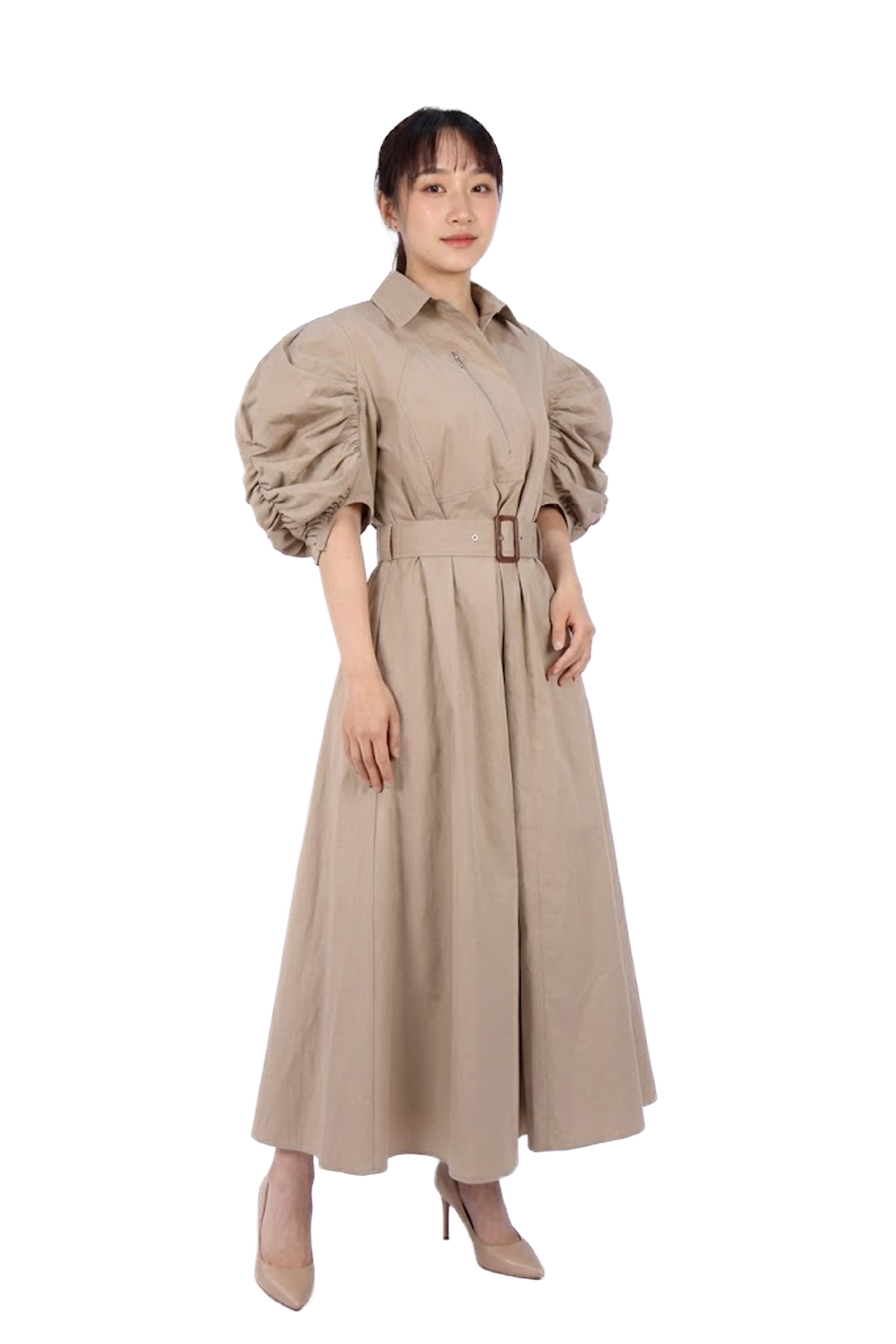 卡其氣球造型袖大衣洋裝