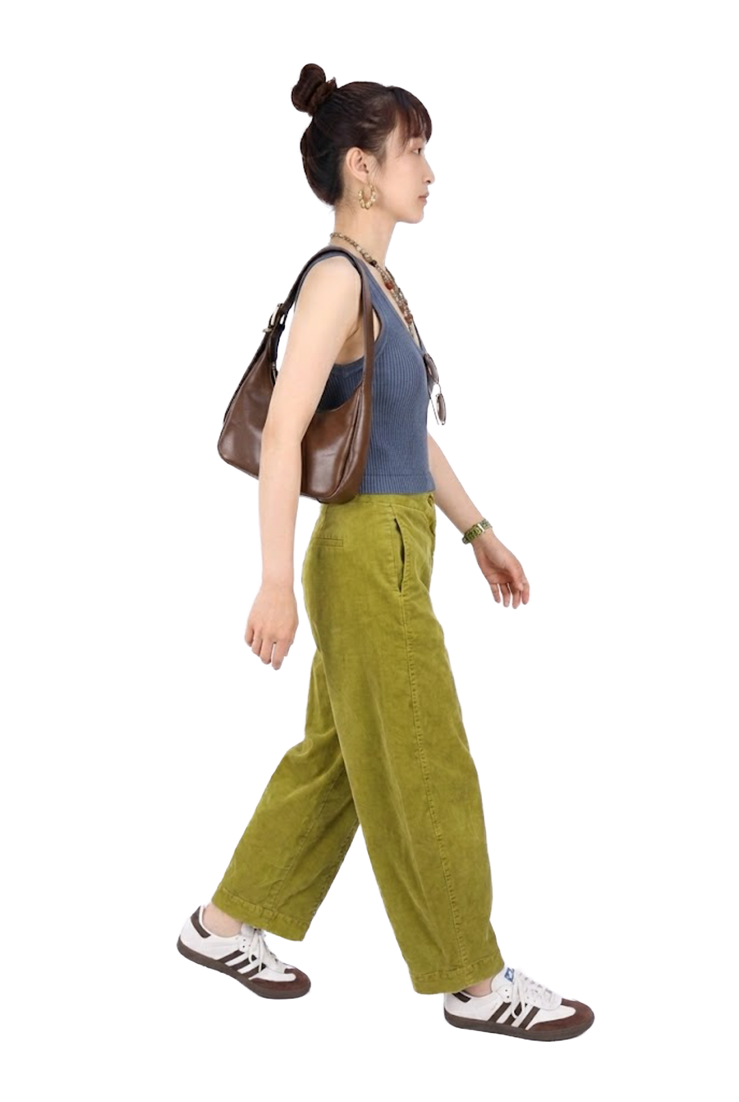 芥末綠牛仔直筒寬褲