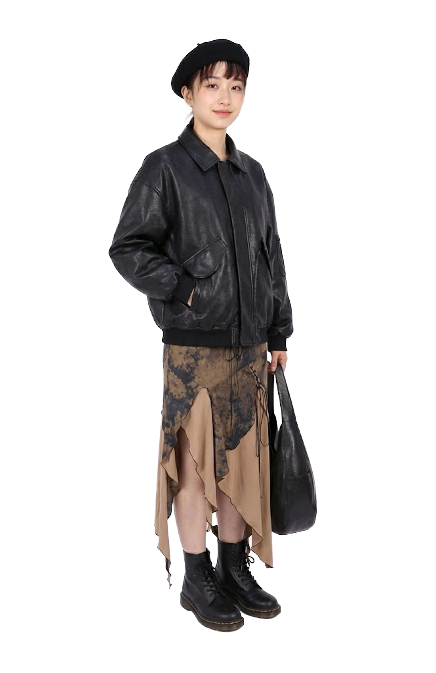 皮革多口袋飛行夾克