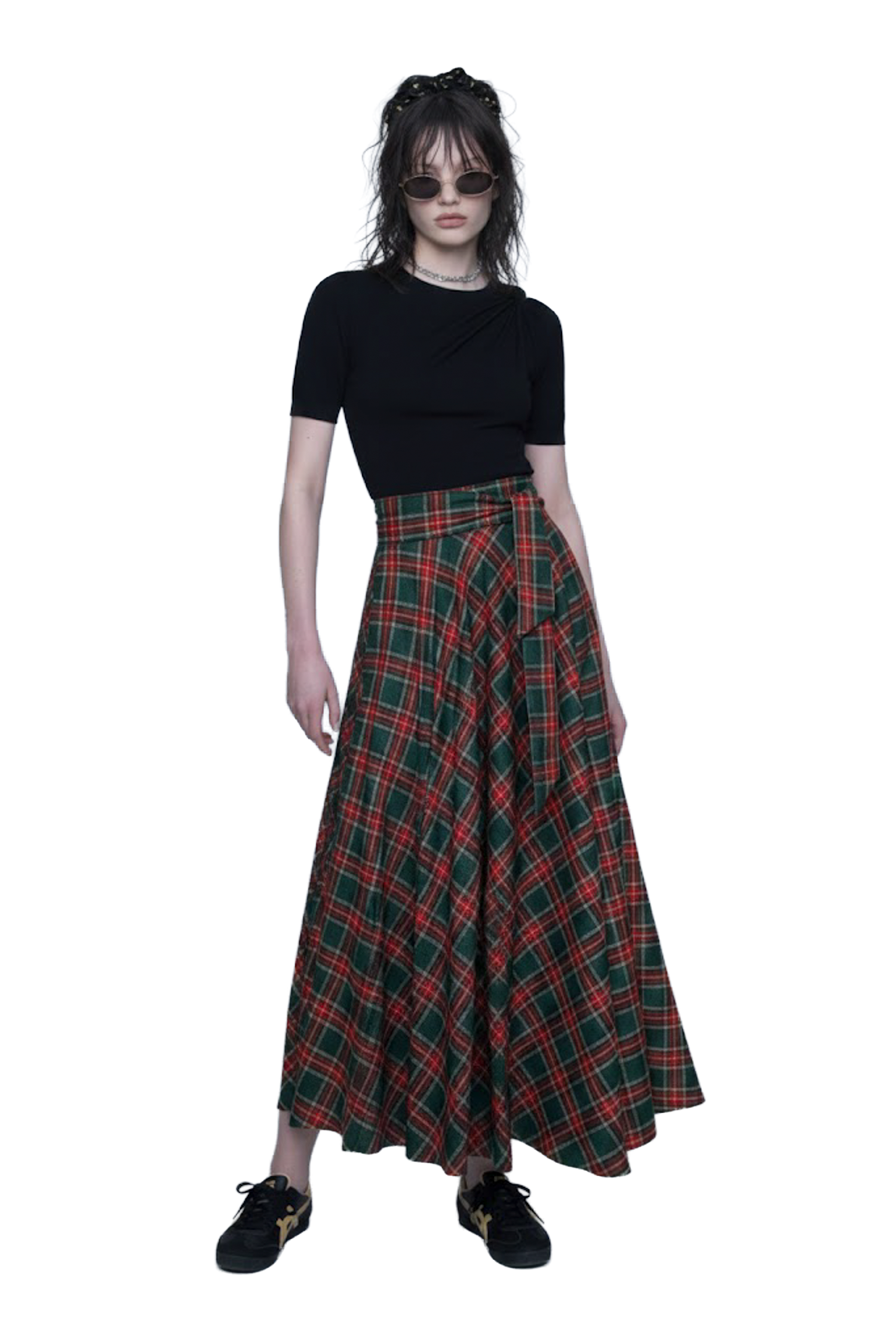 蘇格蘭紅格紋高腰綁帶 A 字長裙