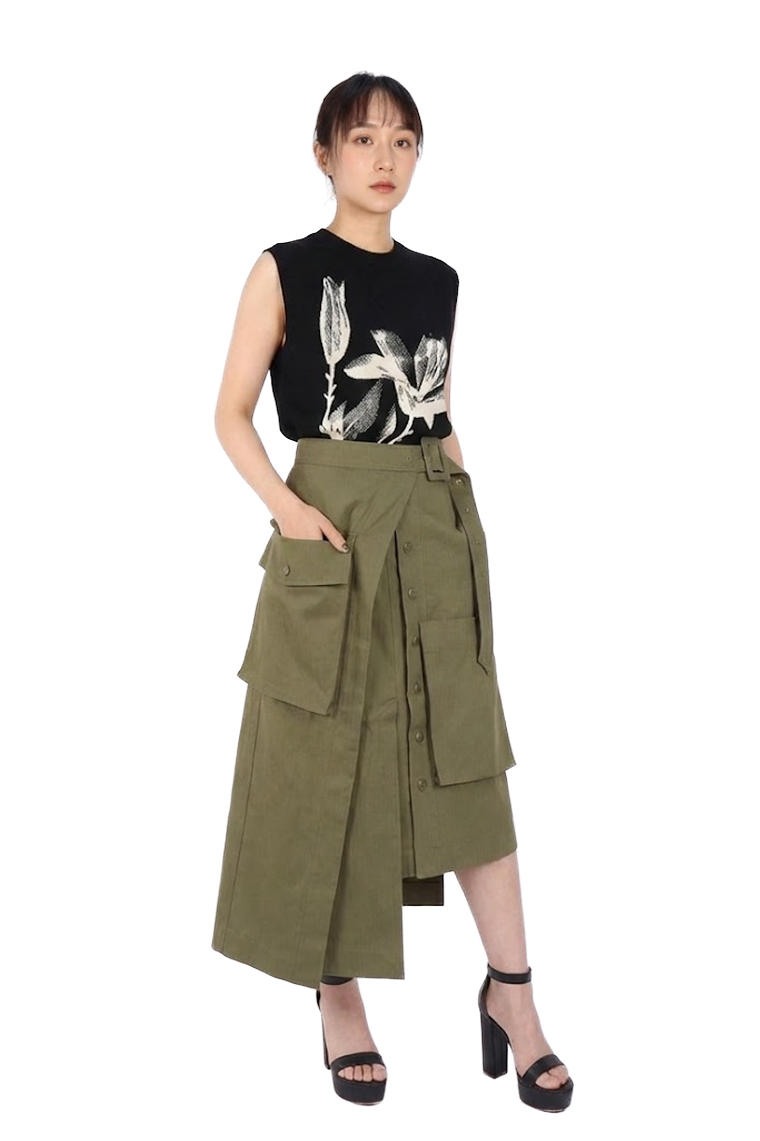 不對稱工裝繫帶長裙