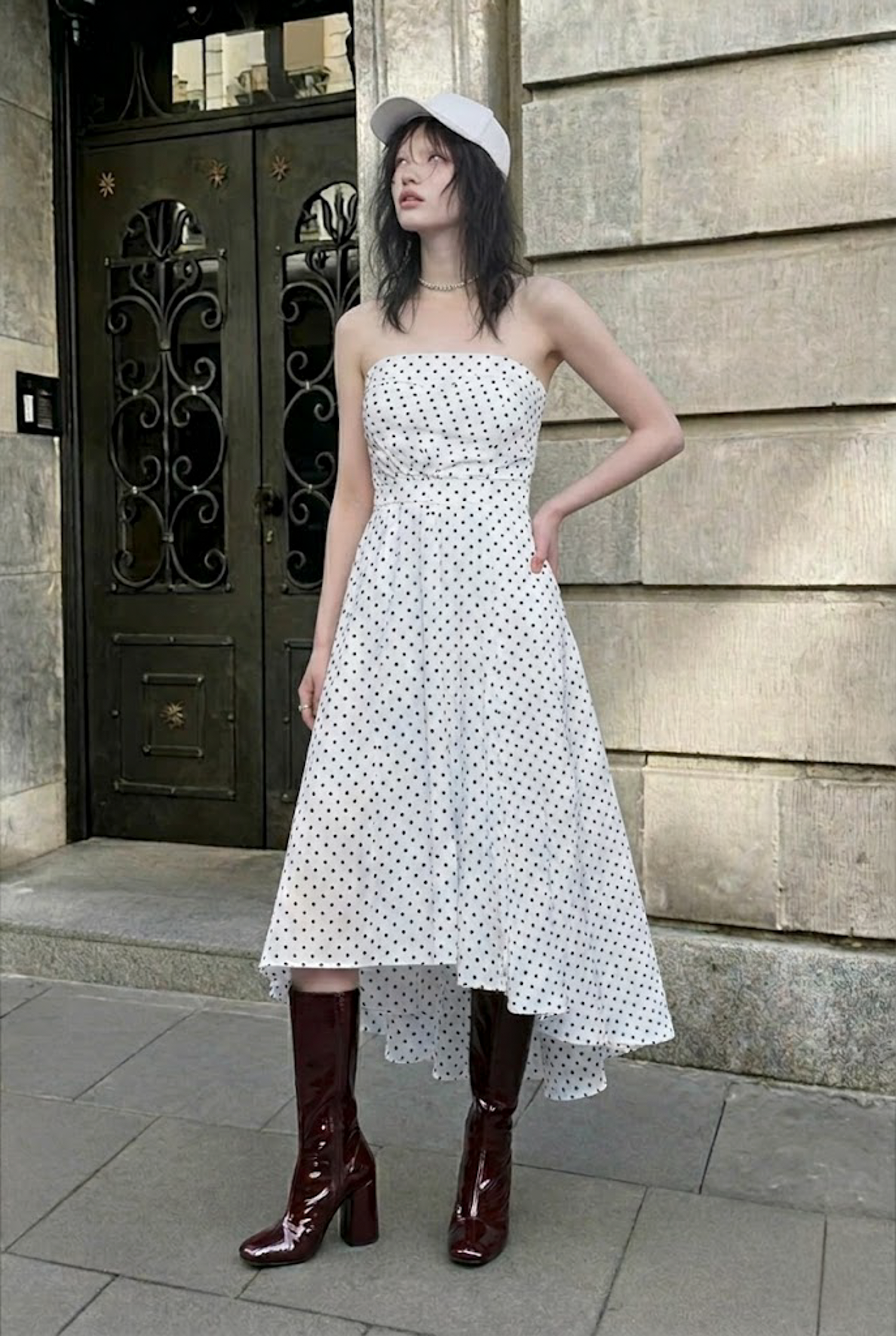 輕盈透氣棉感波點平口抹胸連身裙