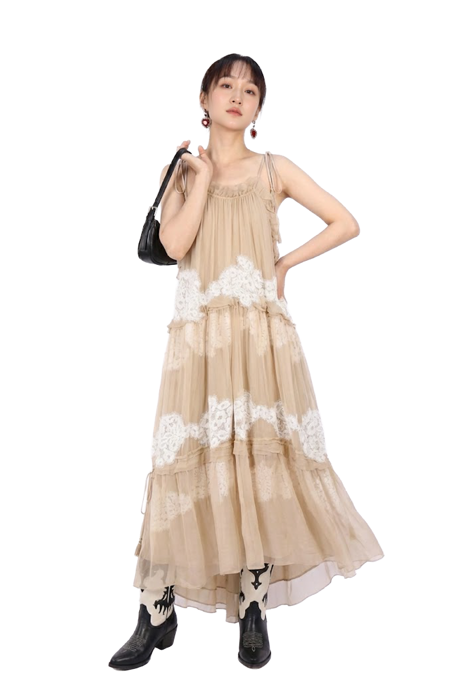 浪漫層次蕾絲細肩帶長洋裝