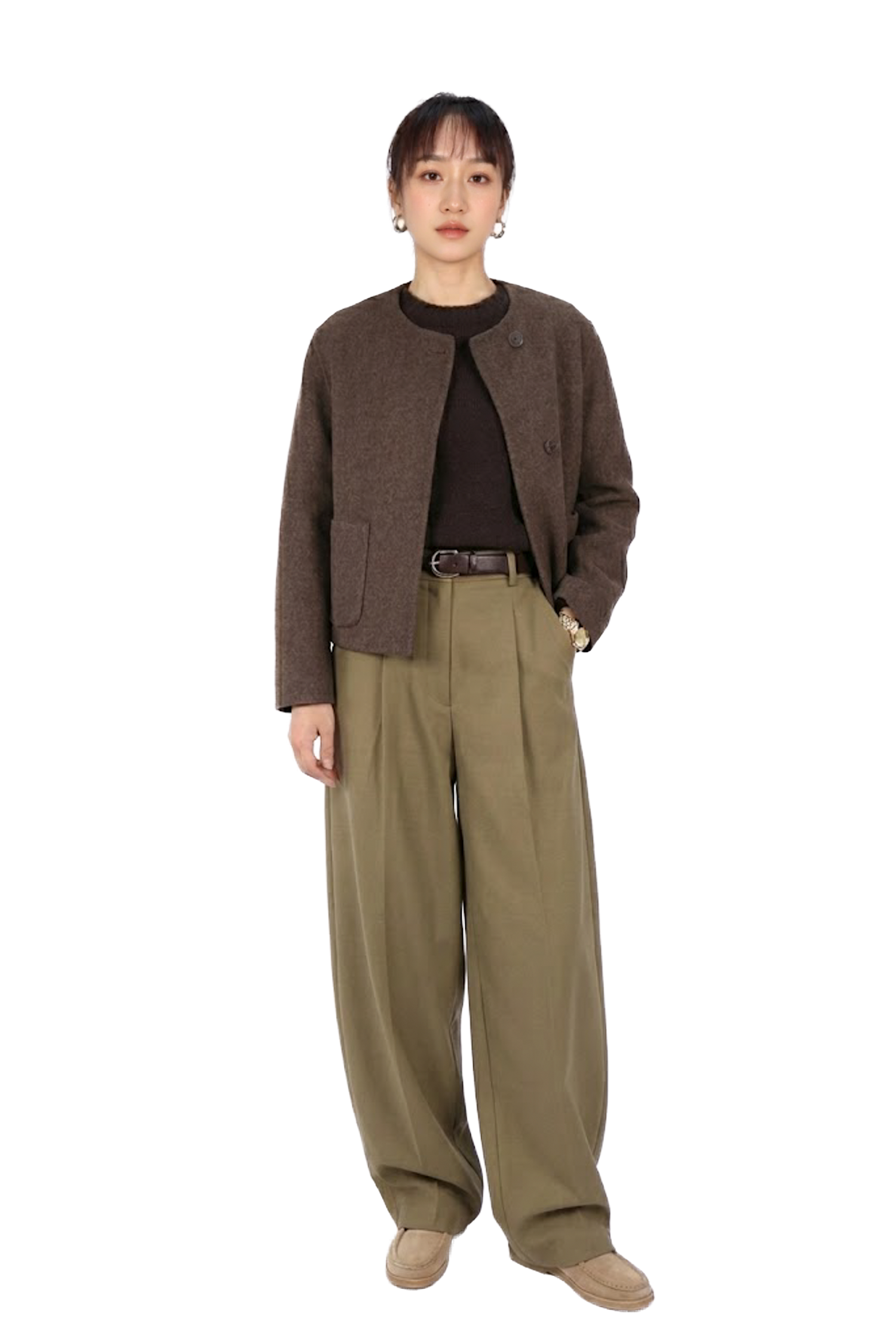 橄欖綠打褶直筒寬褲