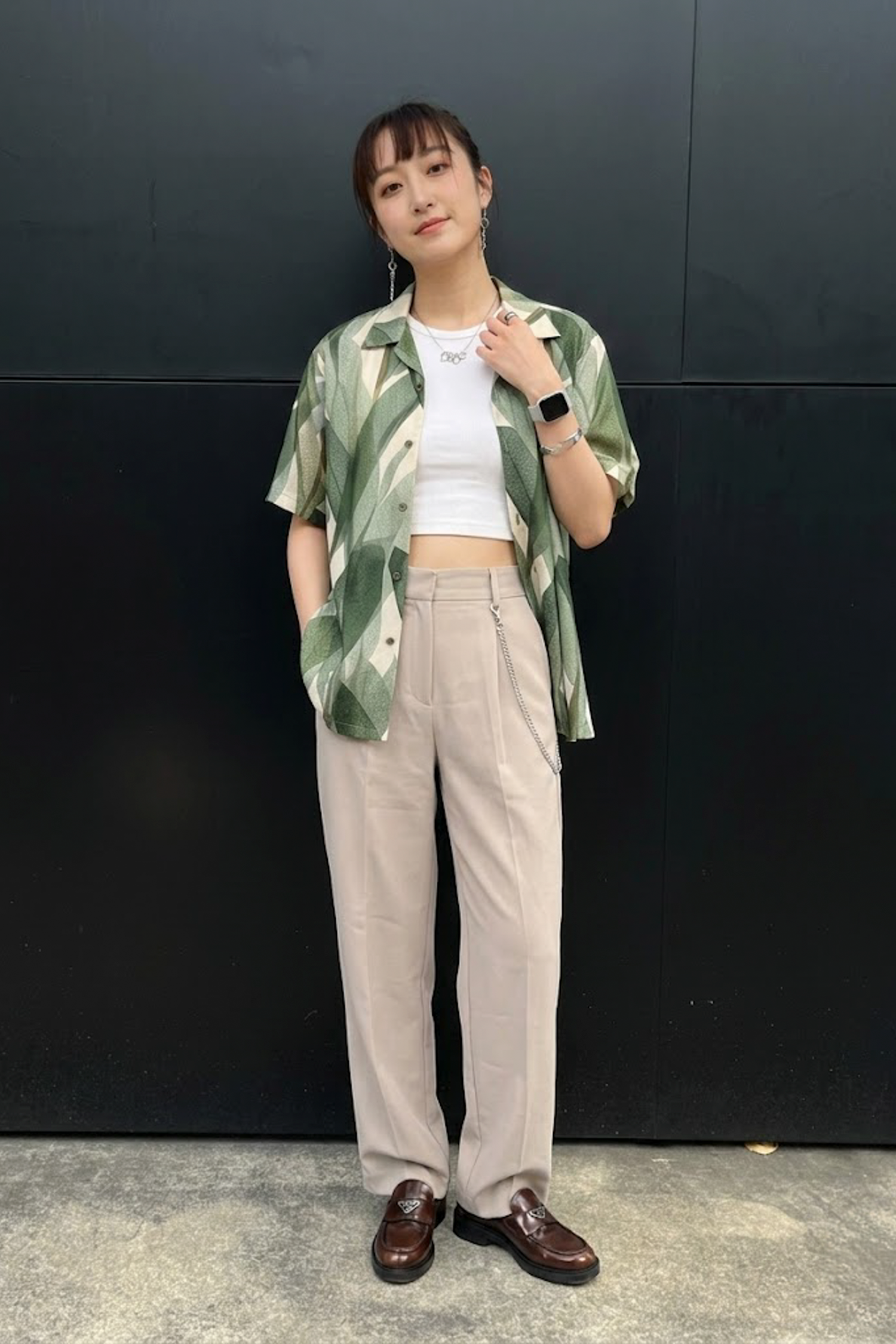 植物脈絡印花古巴領襯衫