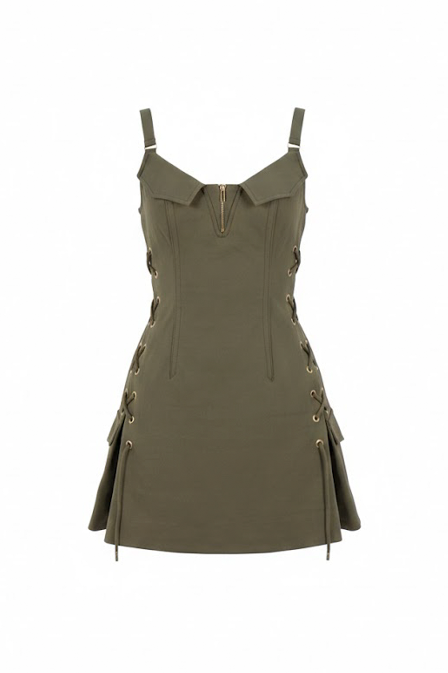 細肩帶軍綠色抽繩工裝洋裝