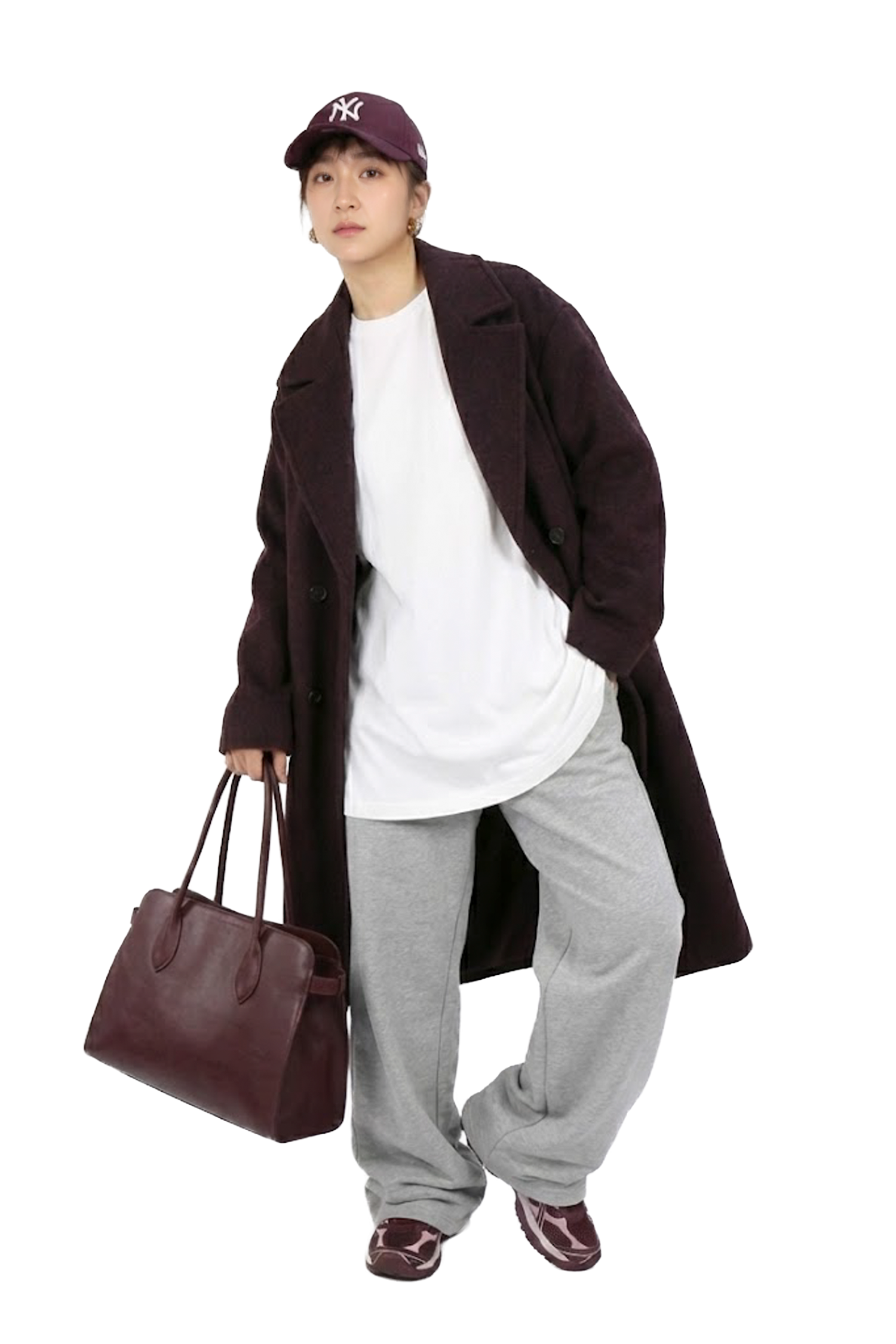 深酒紅雙排釦寬鬆羊毛大衣