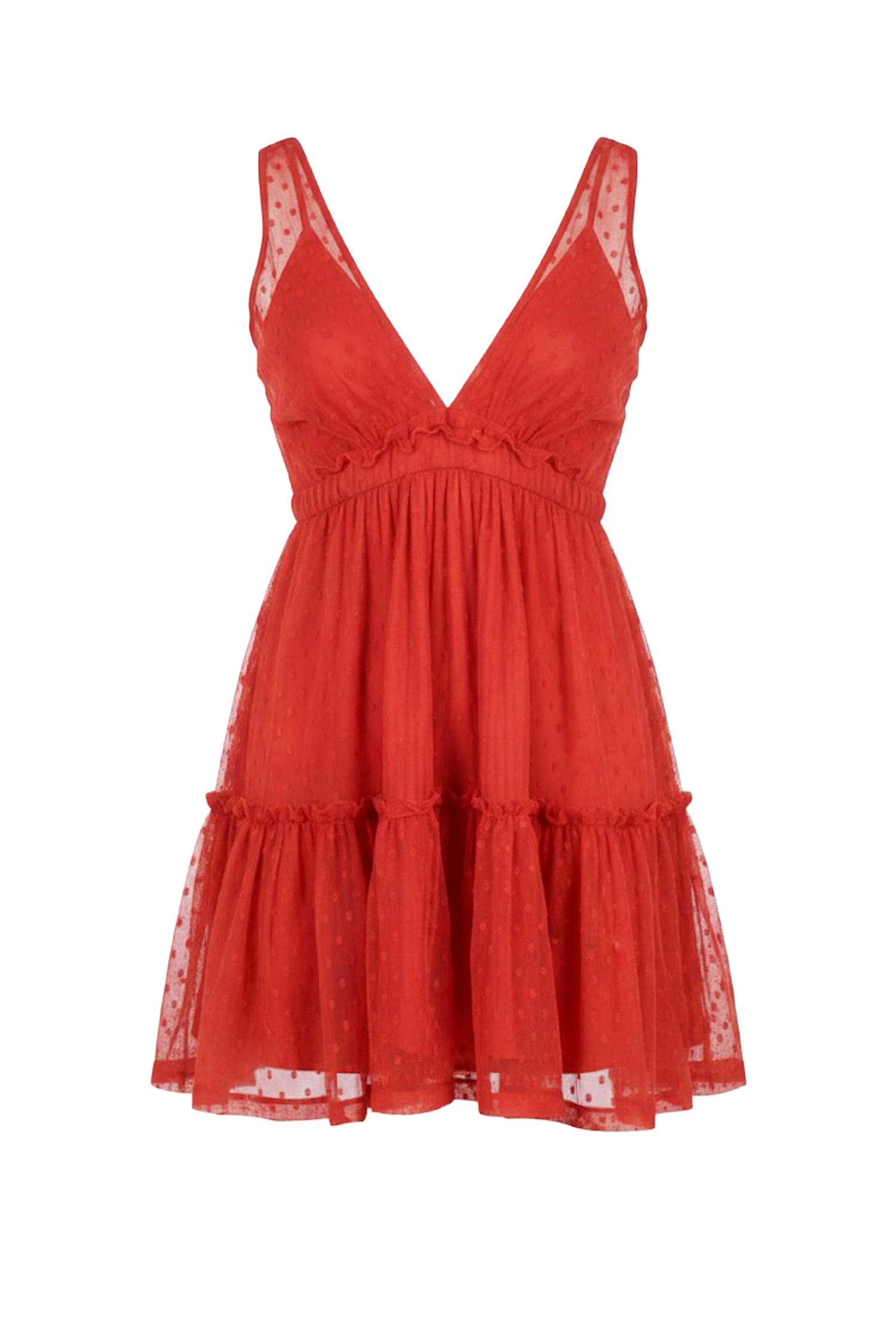 亮紅色點點層次細肩帶短洋裝