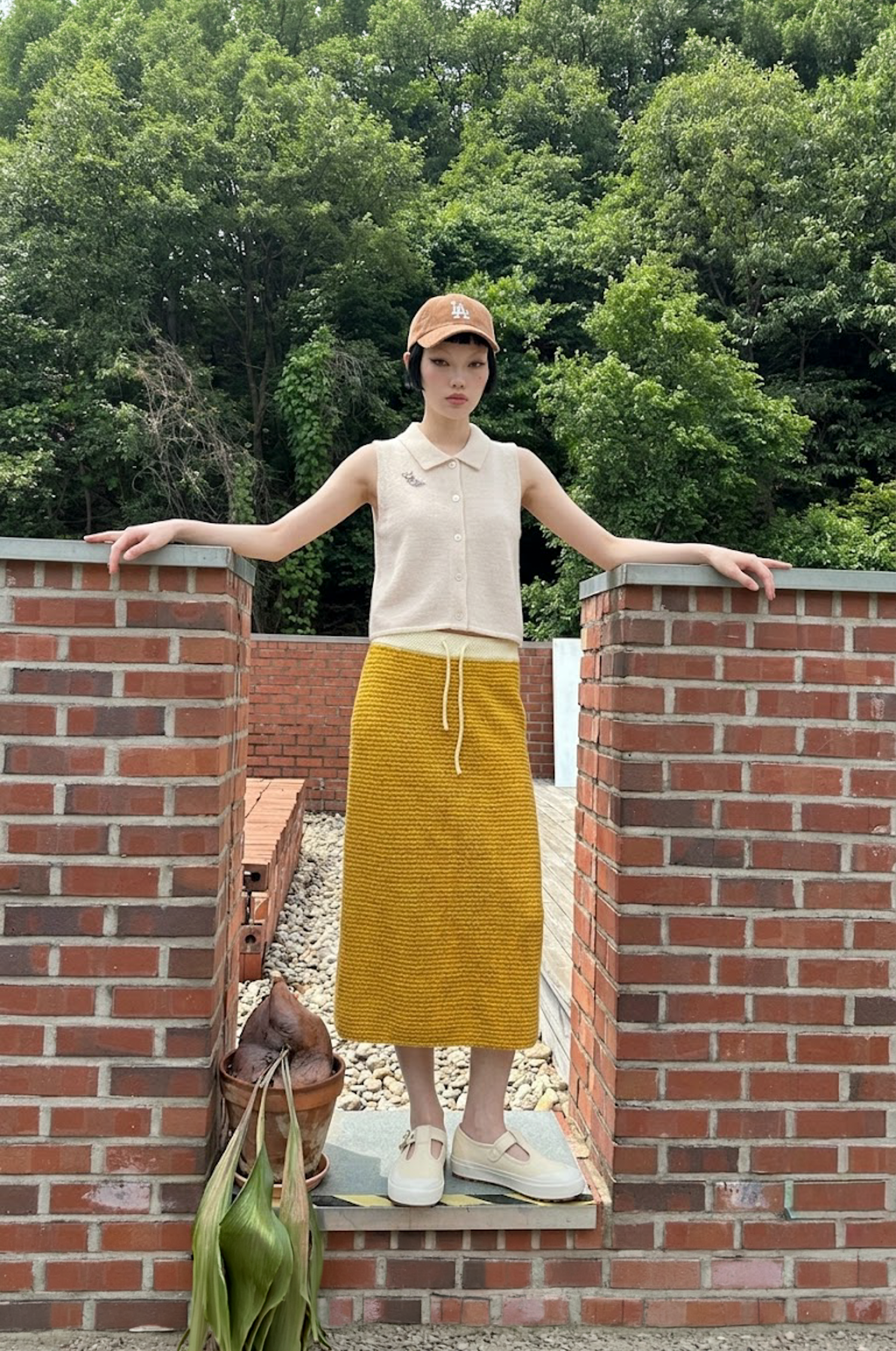 紋理針織抽繩中長裙