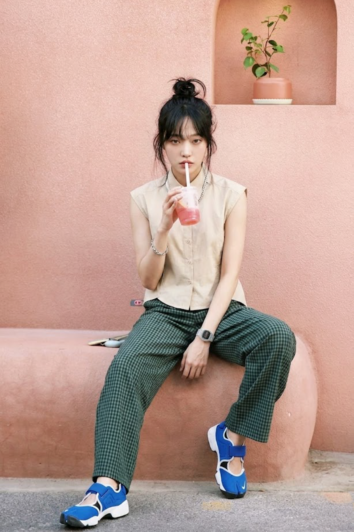 復古綠格紋氣球版型高腰長褲