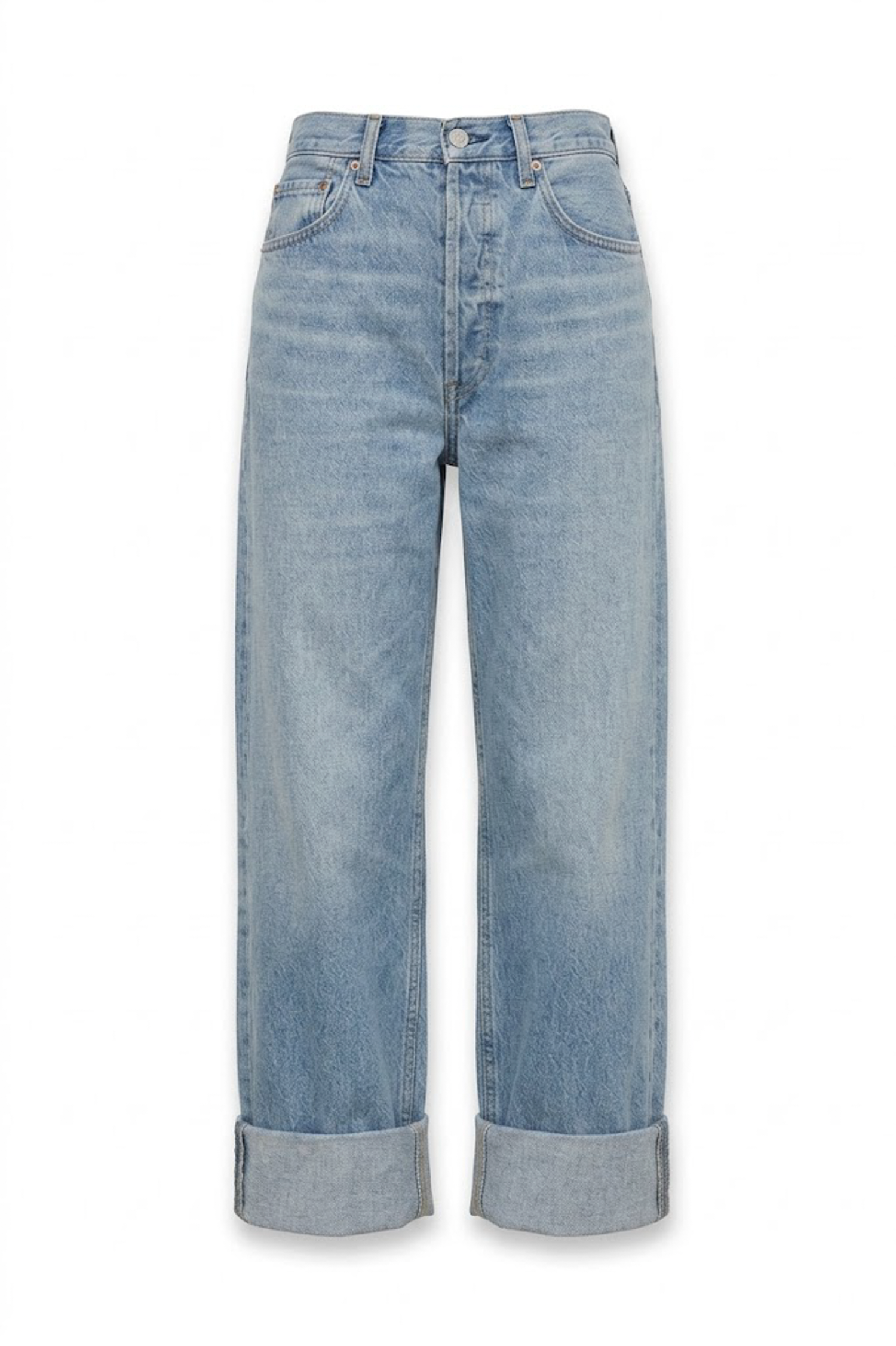 復古水洗寬邊翻摺直筒牛仔褲