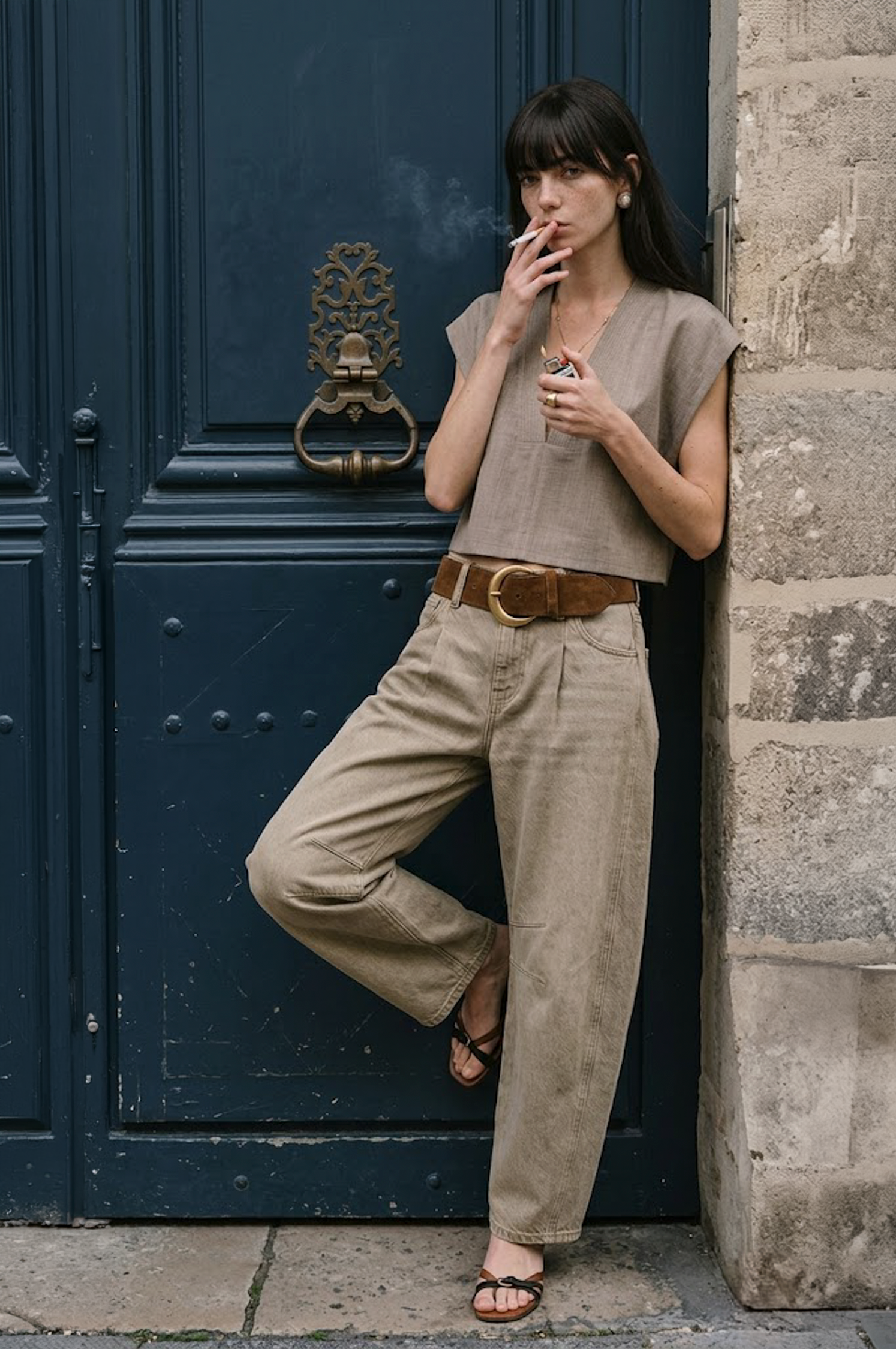 亞麻混紡交疊結構短版上衣