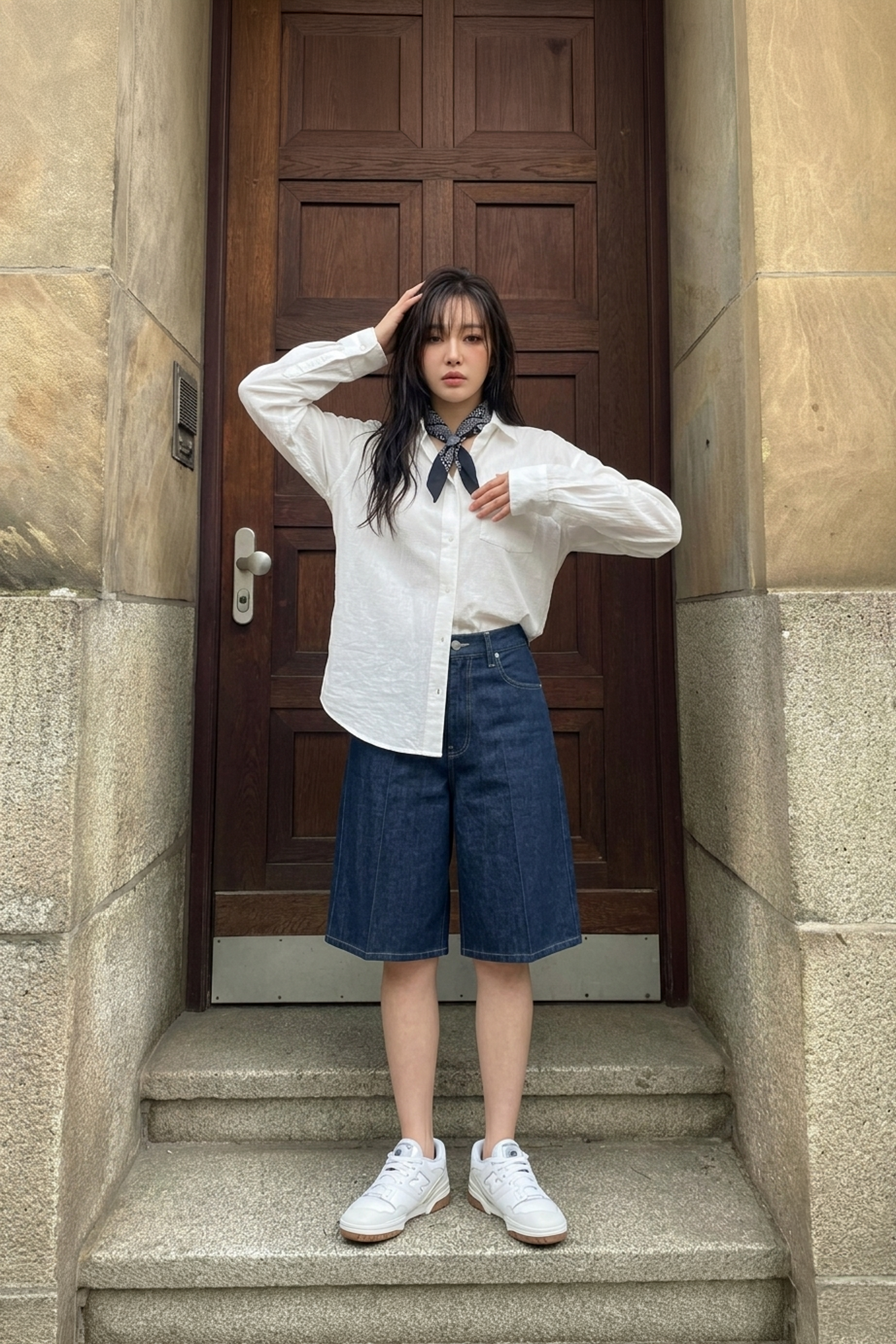 縱向縫線裝飾丹寧百慕達短褲