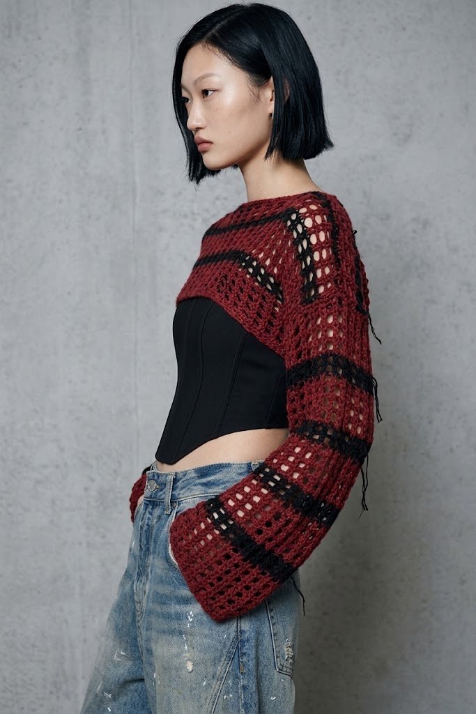 復古條紋鏤空網眼超短版針織罩衫 (Striped Open-Knit Super Crop Shrug)