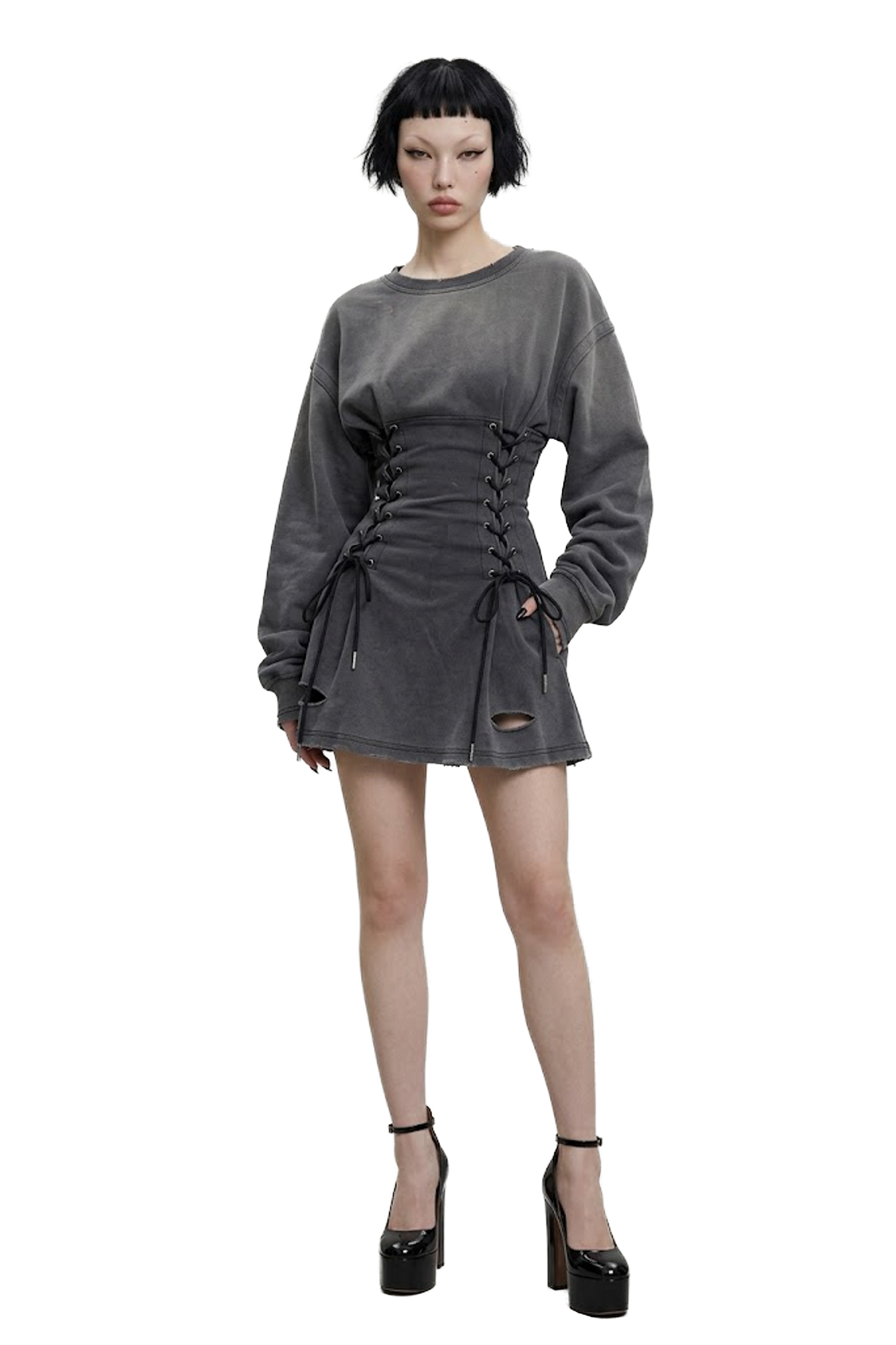 水洗仿舊破壞雙側綁帶馬甲衛衣連身短裙 (Washed Corset Detail Distressed Sweatshirt Dress)
