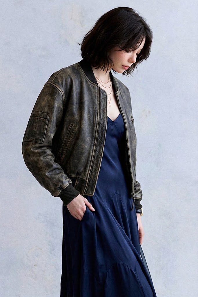 仿舊刷色菱格衍縫皮革飛行員夾克 (Washed Distressed Faux Leather Bomber Jacket)